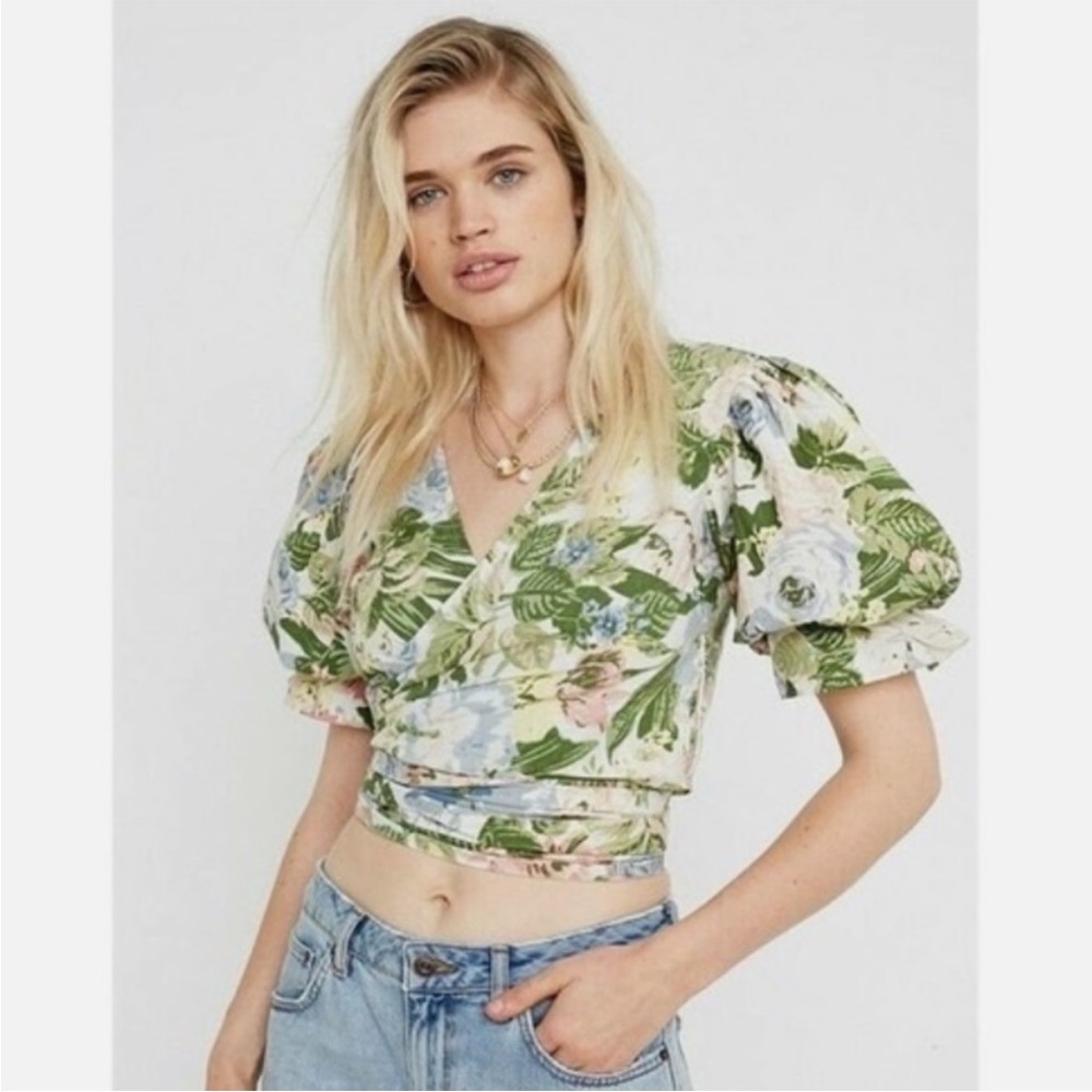 Urban outfitters Green Yellow Floral Puff Sleeve Crop Wrap Top